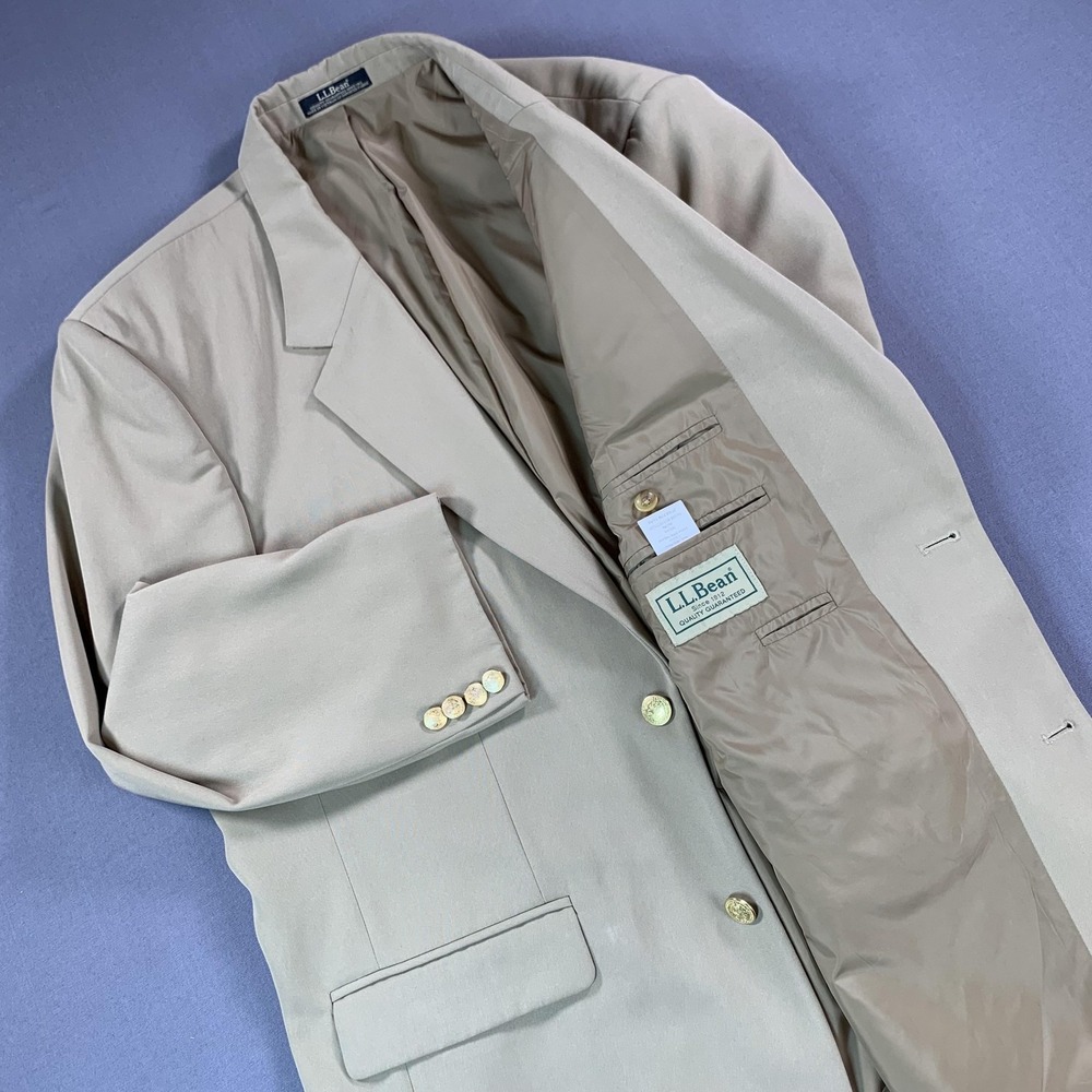 L.L. Bean Blazer Mens 43R Beige Micro Polyester Gold Button Sport Coat Jacket